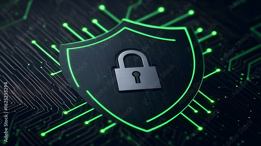 Poster cybersecurity shield: lock icon inside shield shape with illuminated circuit board background. prote