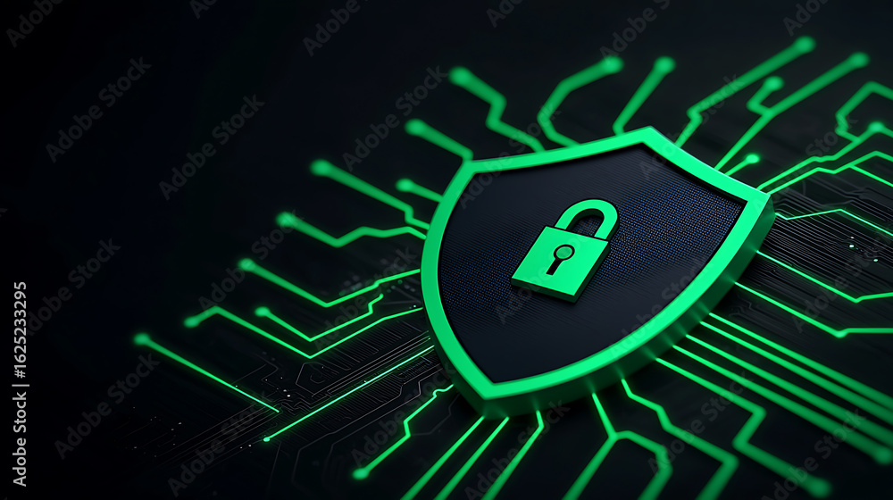 Poster cybersecurity shield: a glowing padlock on a digital shield symbolizes data protection and network s
