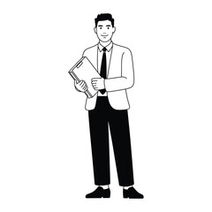 Silhouette of professional person holding file or laptop in confident pose isolated in black and white vector