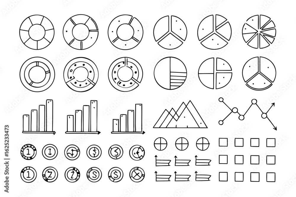 Poster diagram data visualization: a collection of hand-drawn data visualization diagrams, including pie ch