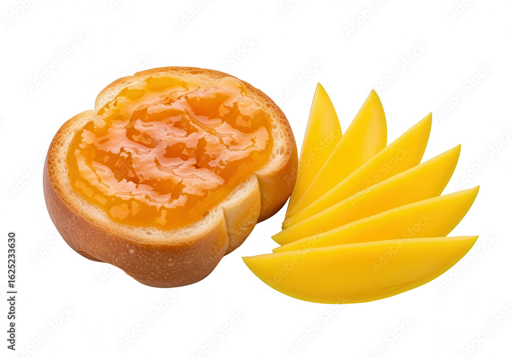 Poster Mango Jam on Toast with Mango Slices, Isolated