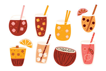 Cooling Drink Varieties: A collection of refreshing iced drinks, bursting with vibrant colors and featuring diverse textures, perfect for summer enjoyment. 