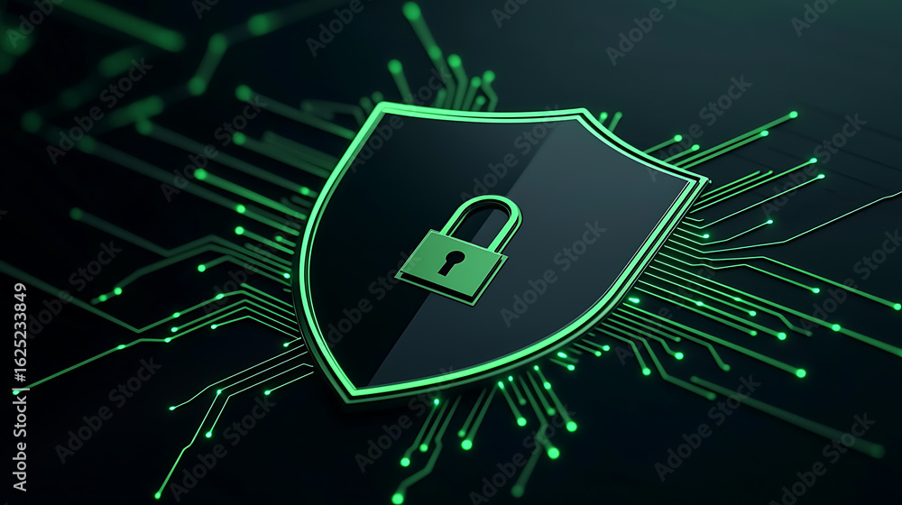 Poster digital shield with padlock, representing cybersecurity protection with glowing circuit patterns for