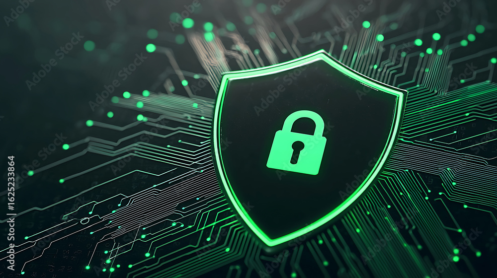 Poster digital shield: padlock on circuit board, symbolizing cybersecurity and data protection. green glow 