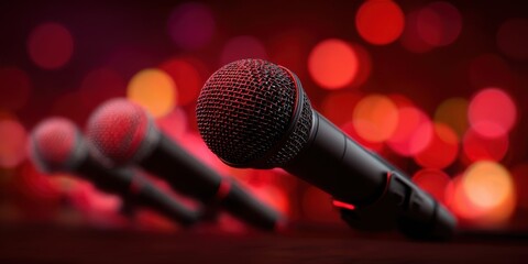 Obraz premium The microphones in focus with vibrant bokeh lights in the background.