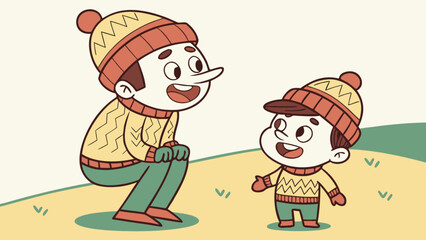 Cartoon illustration of father and son wearing winter hats and sweaters in an outdoor setting smiling happily