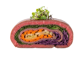 Deconstructed Beef Roulade with Colorful Vegetables on White