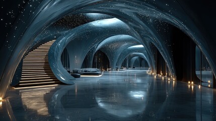 Futuristic abstract interior design featuring fluid organic forms metallic textures and dreamlike lighting in an open layout