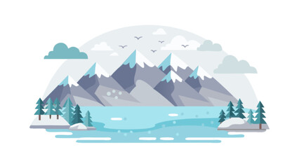 Naklejka premium Illustration of a mountain range with snow capped peaks beside a lake and evergreen trees in winter