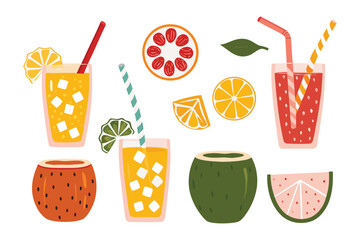 Vibrant Drink Ensemble: A colorful and appetizing collection of refreshing fruit drinks, artfully composed with slices of citrus fruits and ice.