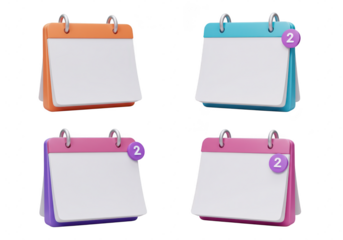 Photo of four 3d rendered calendars with different colors and notifications isolated on transparent background