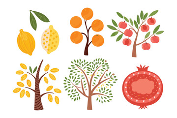 Fruitful Harvest: A delightful collection of fresh citrus and other fruits on the tree illustrations.