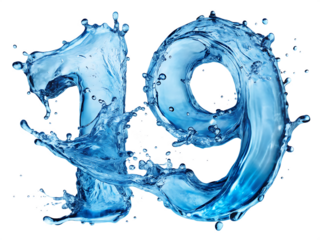 Number 19 formed from dynamic blue water splashes and droplets isolated on a transparent background liquid