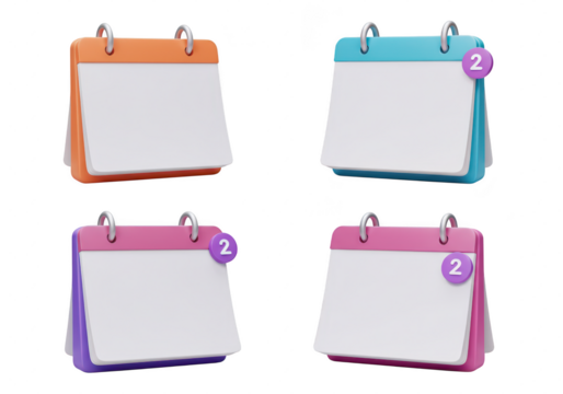 Photo of four 3d rendered calendars with different colors and notifications isolated on transparent background - Powered by Adobe
