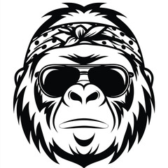 Illustrated gorilla head with sunglasses and bandana displays a cool, composed demeanor