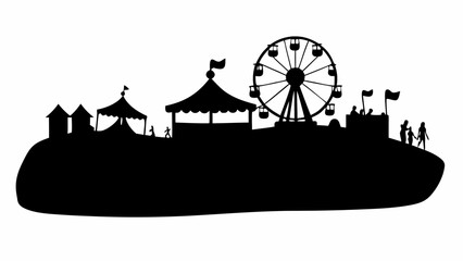 Silhouette of a fairground with a ferris wheel tents people and flags on a hill in black and white design