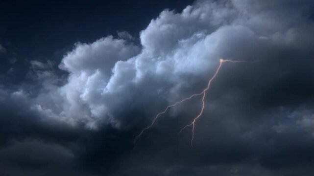 Stormy Skies: The atmospheric drama unfolds as a vibrant bolt of lightning etches across the sky amidst ominous, rain-laden clouds. 