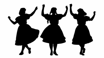 Silhouette illustration of three women in dresses dancing with their arms raised in celebration