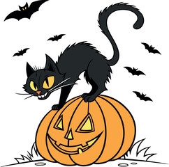 Halloween Pumpkin Cat and Bats Vector Illustration