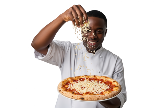 Happy Chef Sprinkling Cheese on Pizza, Isolated on White