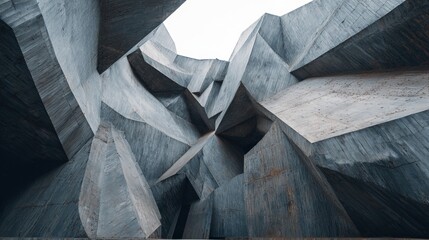 Exterior of a bold abstract structure with fractured concrete geometry and a futuristic urban vibe