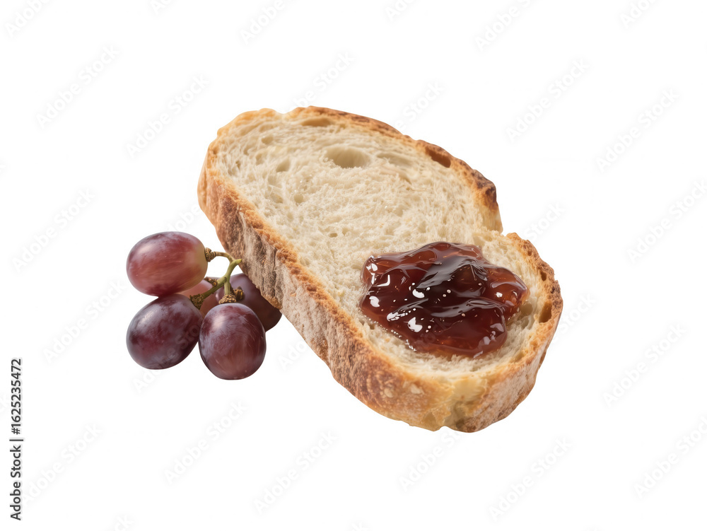 Poster slice of bread with grape jam and grapes isolated on white