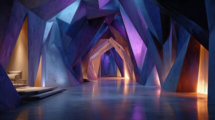 Cyberpunk-inspired abstract interior design with holographic projections angular designs and a dark neon color palette