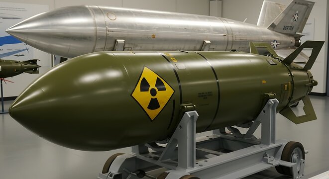 Nuclear weapon display at a museum with aircraft in the background