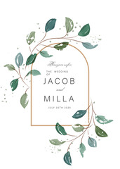 Elegant wedding invitation with green watercolor leaves on white