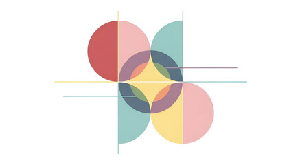 Abstract geometric design with overlapping circles and lines. Modern symmetrical pattern with transparent pastel colors creating a harmonious balance.