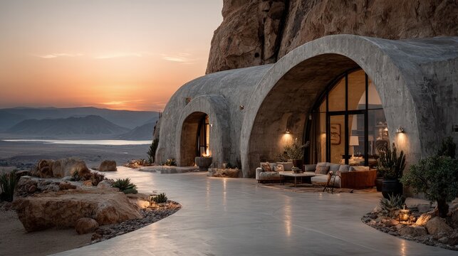 Fototapeta Exterior architecture of a luxury home with organic cement curves minimalist lines and a desert landscape