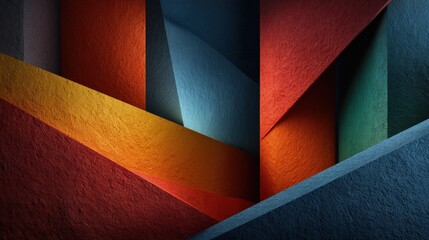 Folded origami-inspired abstract exterior sharp angles and crisp paper-like textures in bold colors