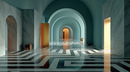 Abstract interior design featuring optical illusions hidden doors and a seamless blend of floors and walls