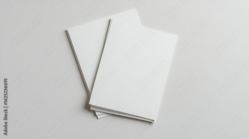 Poster clean sheets of white paper are stacked on a plain light surface, offering a minimalist and modern v