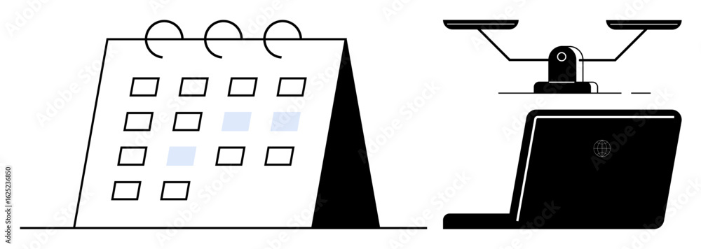 Poster desktop calendar showing dates paired with a balanced scale evokes themes of organization, work-life