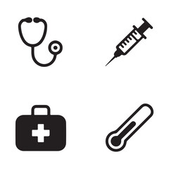 Medical Icon Set Featuring Stethoscope Syringe First Aid Kit and Thermometer in Black and White Isolated on White Background