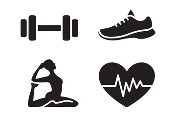 Fitness and Wellness Icons Featuring Dumbbell Running Shoe Yoga and Heartbeat Representing Healthy Lifestyle and Exercise Motivation