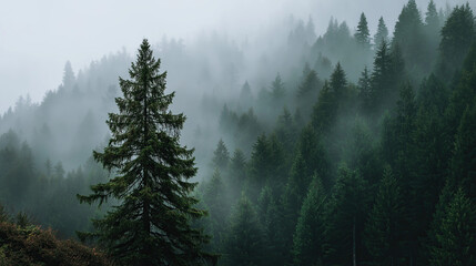 A foggy forest with only one visible pine tree in focus