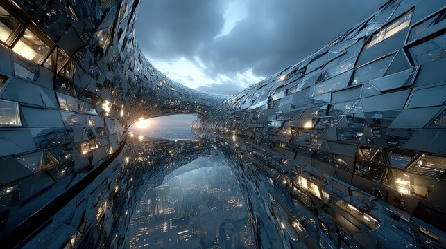 Futuristic abstract exterior design with floating geometric shapes glass panels and a sleek metallic finish