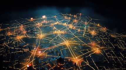 City skyline illuminated at night features vibrant lights and intricate street patterns creating a stunning aerial view