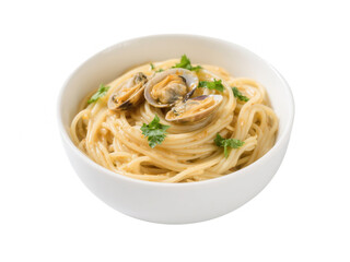 Bowl of Spaghetti alle Vongole (Clam Pasta) on White Background