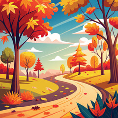 Autumn landscape with colorful trees and sunset sky in nature scene