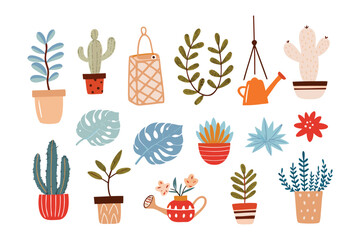 Botanical Collection: A vibrant collection of illustrated potted plants, depicting a charming assortment of botanicals with a variety of shapes, sizes and colors