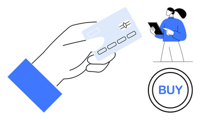 Closeup of a hand holding a credit card, professional reviewing a tablet, and a prominent Buy button. Ideal for e-commerce, payment convenience, digital transactions, online shopping, retail