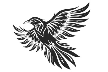 Abstract monochrome bird is spreading its wings and flying high over a white background