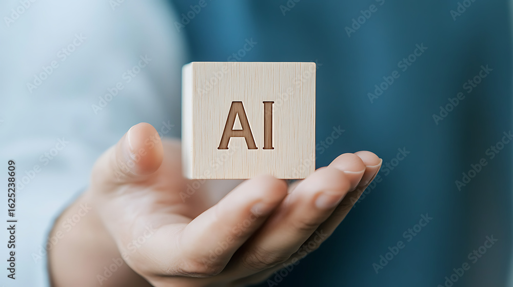 Poster artificial intelligence block: close-up of a hand holding a block with 
