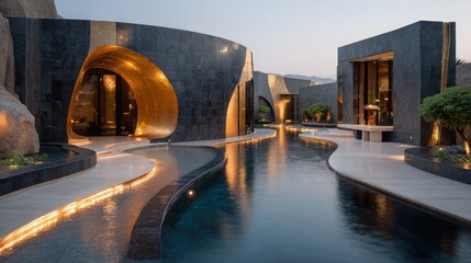 Luxury abstract exterior with gold leaf accents undulating walls and reflective pools for a lavish effect