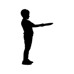 A simple silhouette of a child, seen from the side, extending both hands towards the viewer as if offering a plate.