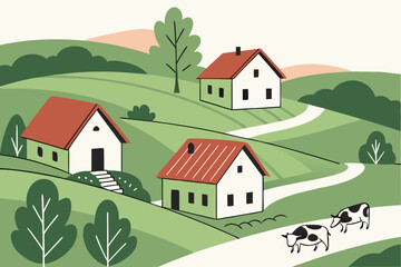 Naklejka premium Cows grazing near traditional farmhouses in Hungary, modern flat illustration style