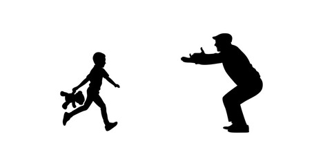 A simple black silhouette image depicts a child running away, holding a teddy bear, and an adult reaching out to catch them.